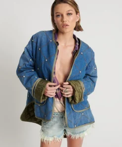 Jackets|ONE TEASPOON Bay Blue Quilted Crystal Studded Jacket