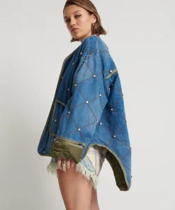 Jackets|ONE TEASPOON Bay Blue Quilted Crystal Studded Jacket