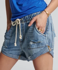Denim Shorts|ONE TEASPOON Berlin Blue Shabby Bandit Drawstring Boyfriend Shorts