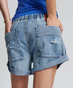 Denim Shorts|ONE TEASPOON Berlin Blue Shabby Bandit Drawstring Boyfriend Shorts