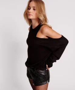 Tops|ONE TEASPOON Black Cold Shoulder Cut Out Slouch Long Sleeve Knit