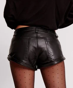 Bottoms|ONE TEASPOON Black Crystal Embellished Low Waist Leather Bandit Shorts