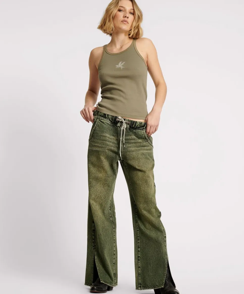 Denim Jeans|ONE TEASPOON Black Khaki Roadhouse Wide Leg Drawstring Jeans