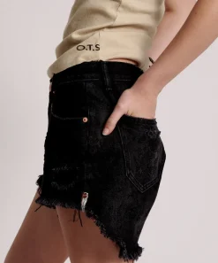 Denim Shorts|ONE TEASPOON Black Lace Le Wolves Mid Length Denim Shorts