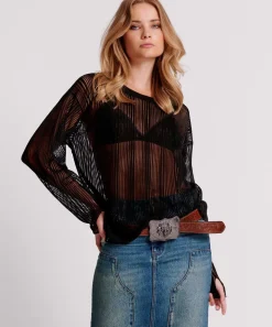 Tops|ONE TEASPOON Black Ladder Stripe Sheer Knit Sweater