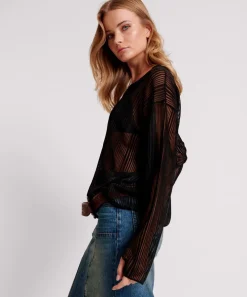 Tops|ONE TEASPOON Black Ladder Stripe Sheer Knit Sweater