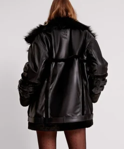 Leather Jackets|ONE TEASPOON Black Leather Faux Fur Aviator Jacket
