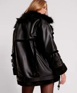 Leather Jackets|ONE TEASPOON Black Leather Faux Fur Aviator Jacket