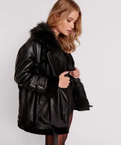 Leather Jackets|ONE TEASPOON Black Leather Faux Fur Aviator Jacket