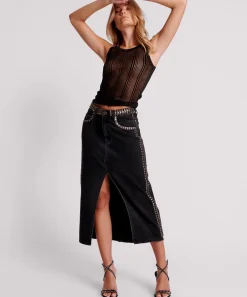 Denim Skirts|ONE TEASPOON Black Oak Studded Rocko Long Length Denim Skirt