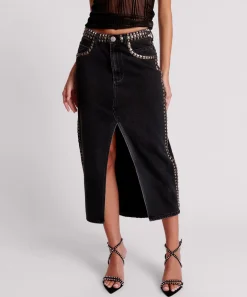 Denim Skirts|ONE TEASPOON Black Oak Studded Rocko Long Length Denim Skirt