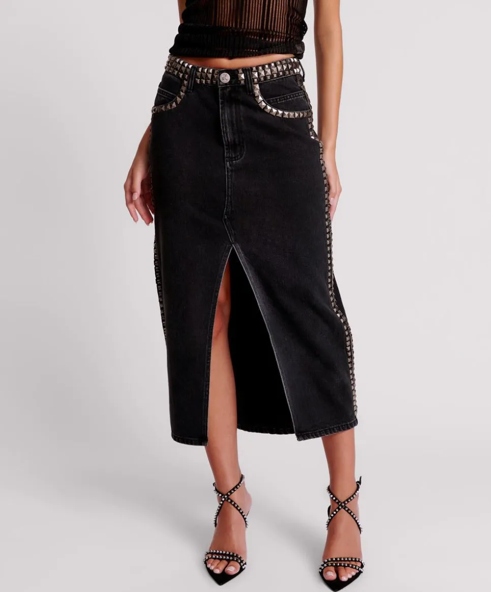 Denim Skirts|ONE TEASPOON Black Oak Studded Rocko Long Length Denim Skirt