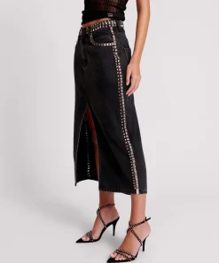 Denim Skirts|ONE TEASPOON Black Oak Studded Rocko Long Length Denim Skirt