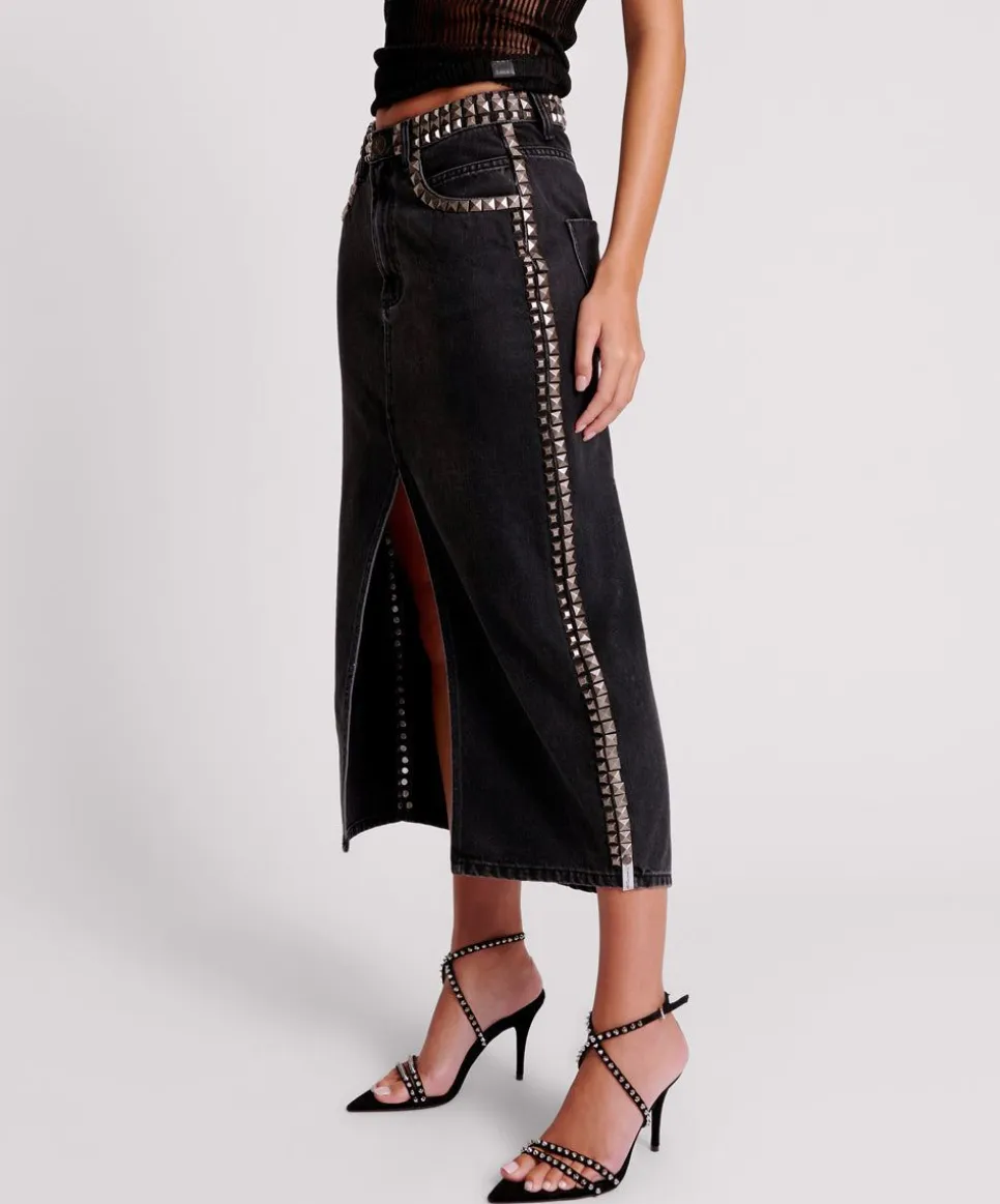 Denim Skirts|ONE TEASPOON Black Oak Studded Rocko Long Length Denim Skirt