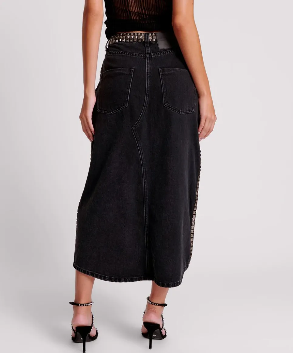 Denim Skirts|ONE TEASPOON Black Oak Studded Rocko Long Length Denim Skirt