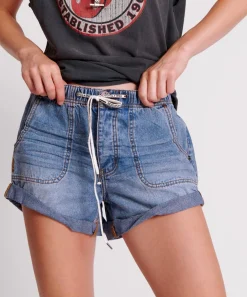 Denim Shorts|ONE TEASPOON Blue Lilac Shabby Bandit Drawstring Boyfriend Shorts