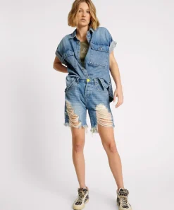 Denim Shorts|ONE TEASPOON Blue Rapture Stevies High Waist Long Length Boyfriend Denim Shorts