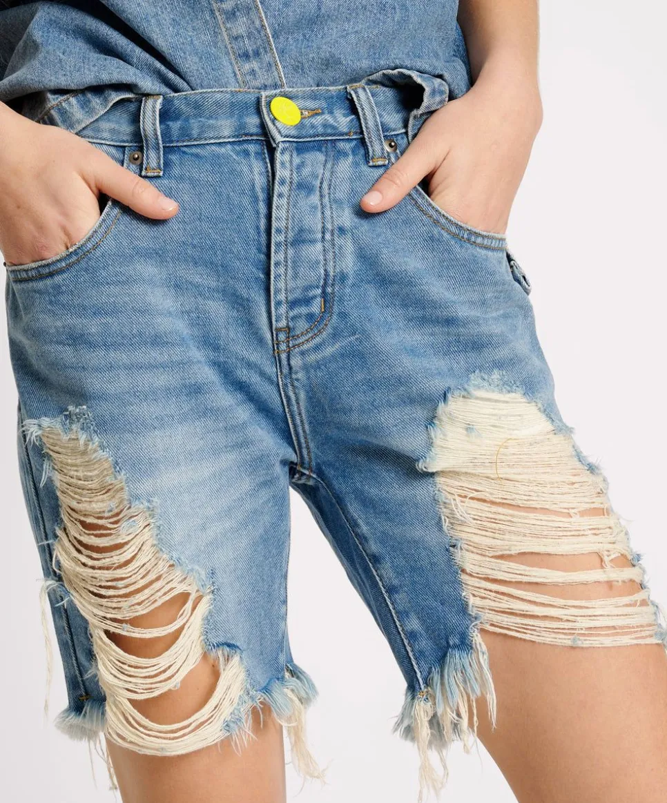 Denim Shorts|ONE TEASPOON Blue Rapture Stevies High Waist Long Length Boyfriend Denim Shorts