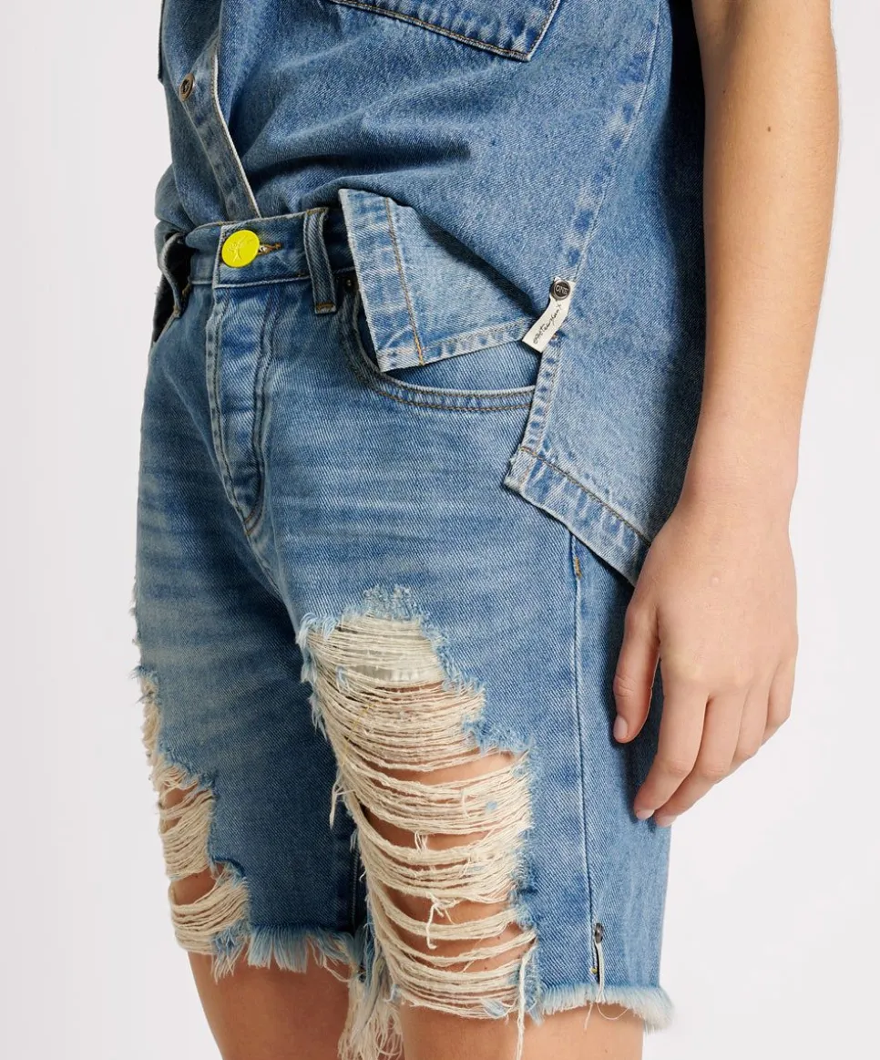 Denim Shorts|ONE TEASPOON Blue Rapture Stevies High Waist Long Length Boyfriend Denim Shorts