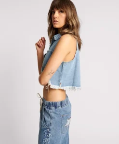 Denim Tops|ONE TEASPOON Bolt Blue Cropped Braxton Top