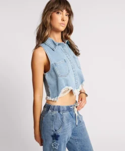 Denim Tops|ONE TEASPOON Bolt Blue Cropped Braxton Top