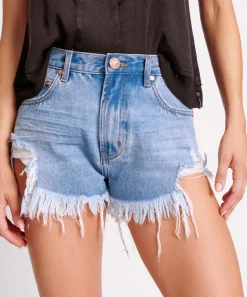 Denim Shorts|ONE TEASPOON Bolt Blue Outlaws Mid Waist Denim Shorts