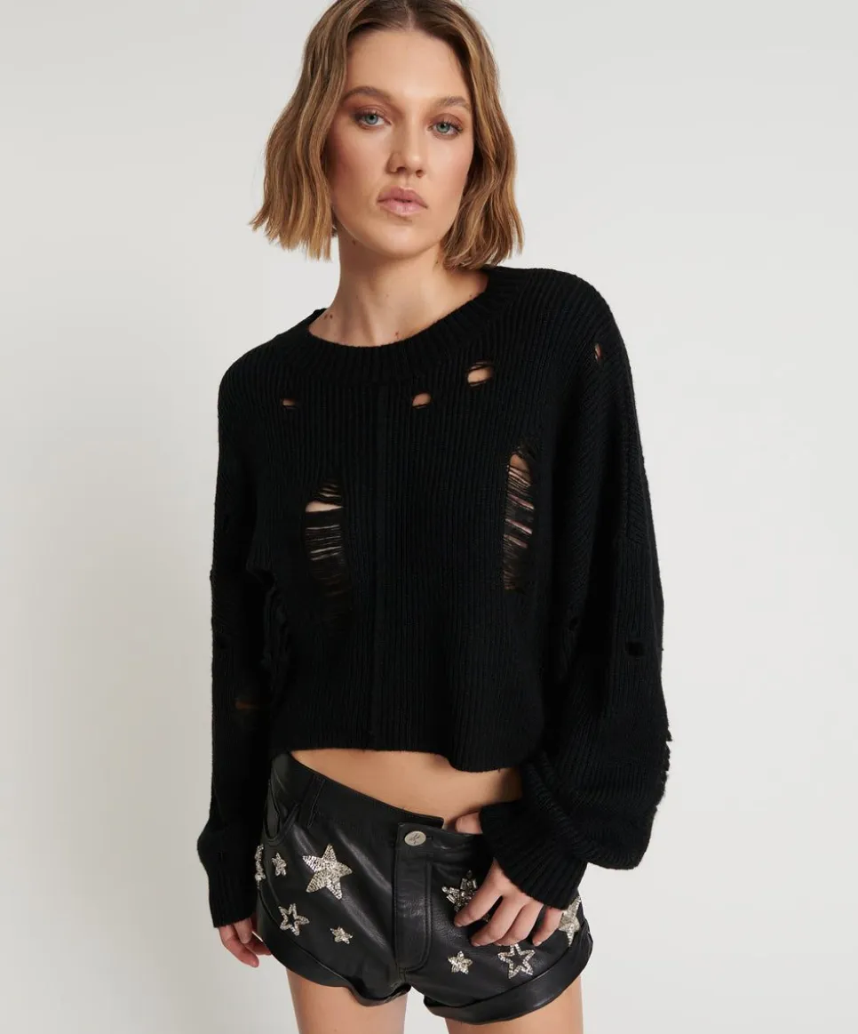 Knitwear|ONE TEASPOON Cropped Hercules Shredded Sweater