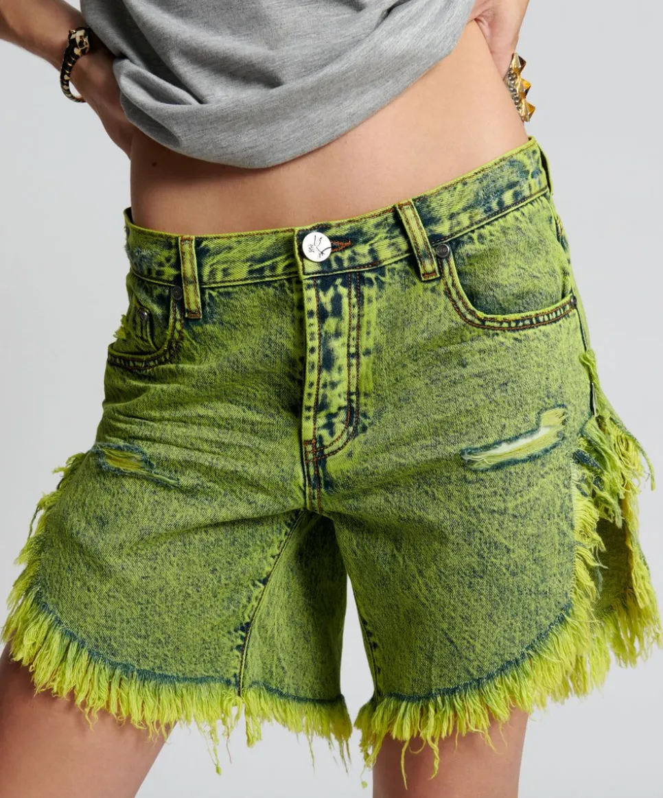 Denim Shorts|ONE TEASPOON Cyber Lime Frankies Long Length Boyfriend Shorts