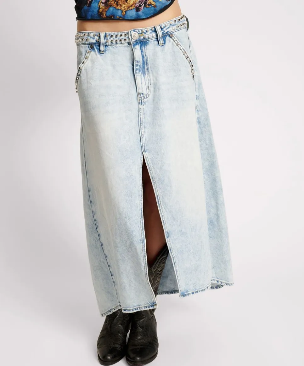 Denim Skirts|ONE TEASPOON Depeche Blue Studded Mrs Carter Long Length Denim