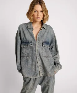 Shirts|ONE TEASPOON Dirty Blue Oversized Denim Western Shirt