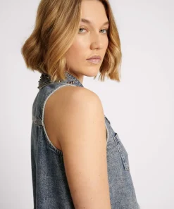 Denim Tops|ONE TEASPOON Dirty Blue Studded Braxton Top