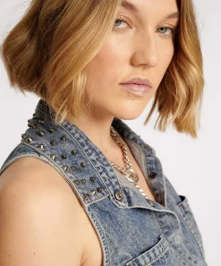 Denim Tops|ONE TEASPOON Dirty Blue Studded Braxton Top