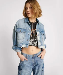 Jackets|ONE TEASPOON Eagle Studded Cropped Denim Jacket
