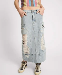 Denim Skirts|ONE TEASPOON Fleetwood Cassidy Mid Waist Long Denim Column Skirt