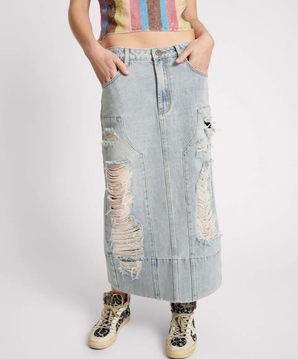 Denim Skirts|ONE TEASPOON Fleetwood Cassidy Mid Waist Long Denim Column Skirt