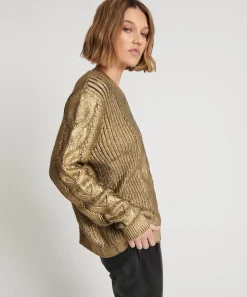 Knitwear|ONE TEASPOON Gold Foil Cable Spine Sweater