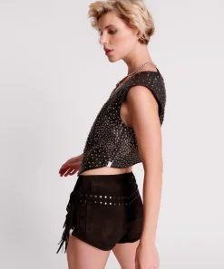 Bottoms|ONE TEASPOON Gothic Rodeo Fringed Suede Studded Bandits Low Waist Shorts