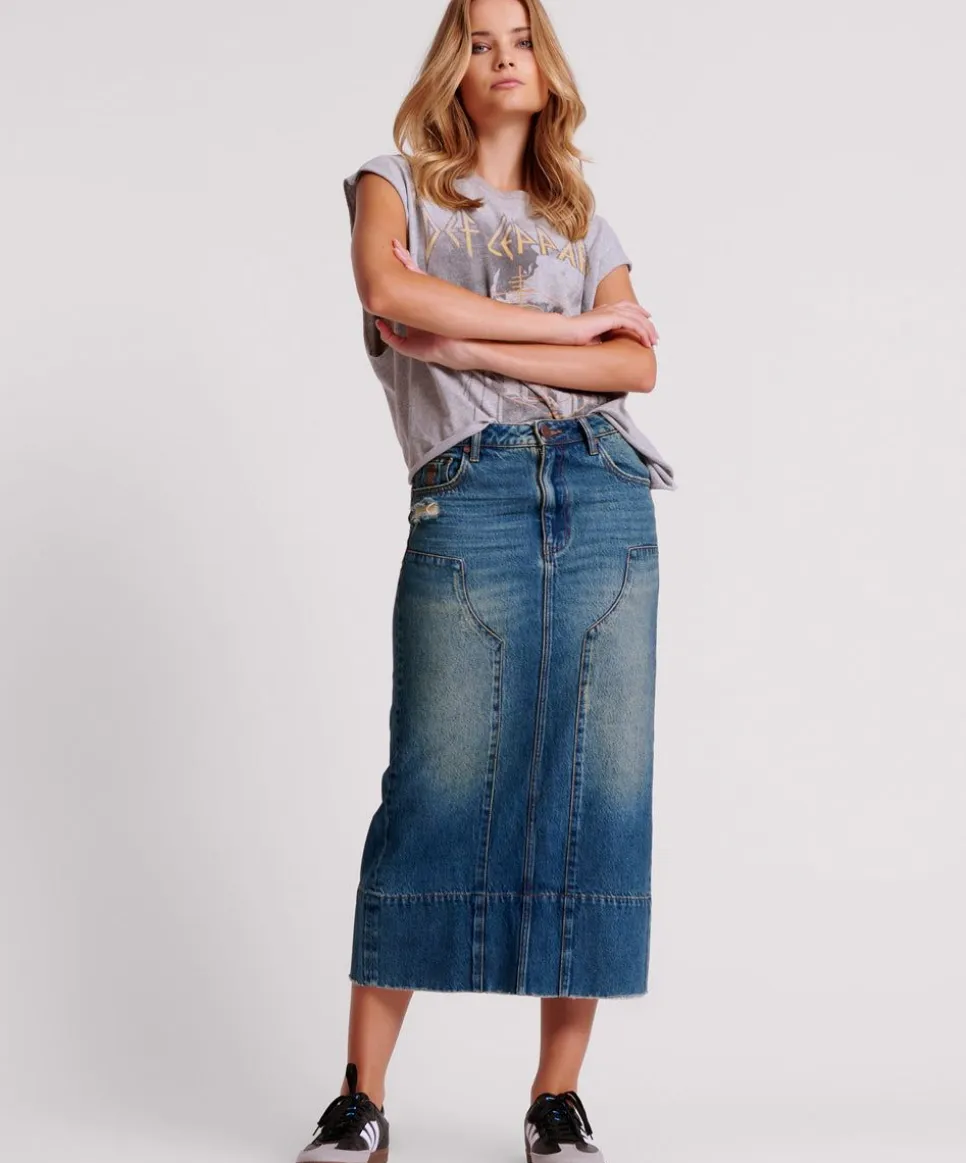 Denim Skirts|ONE TEASPOON Gritty Blue Cassidy Column Mid Length Denim Skirt