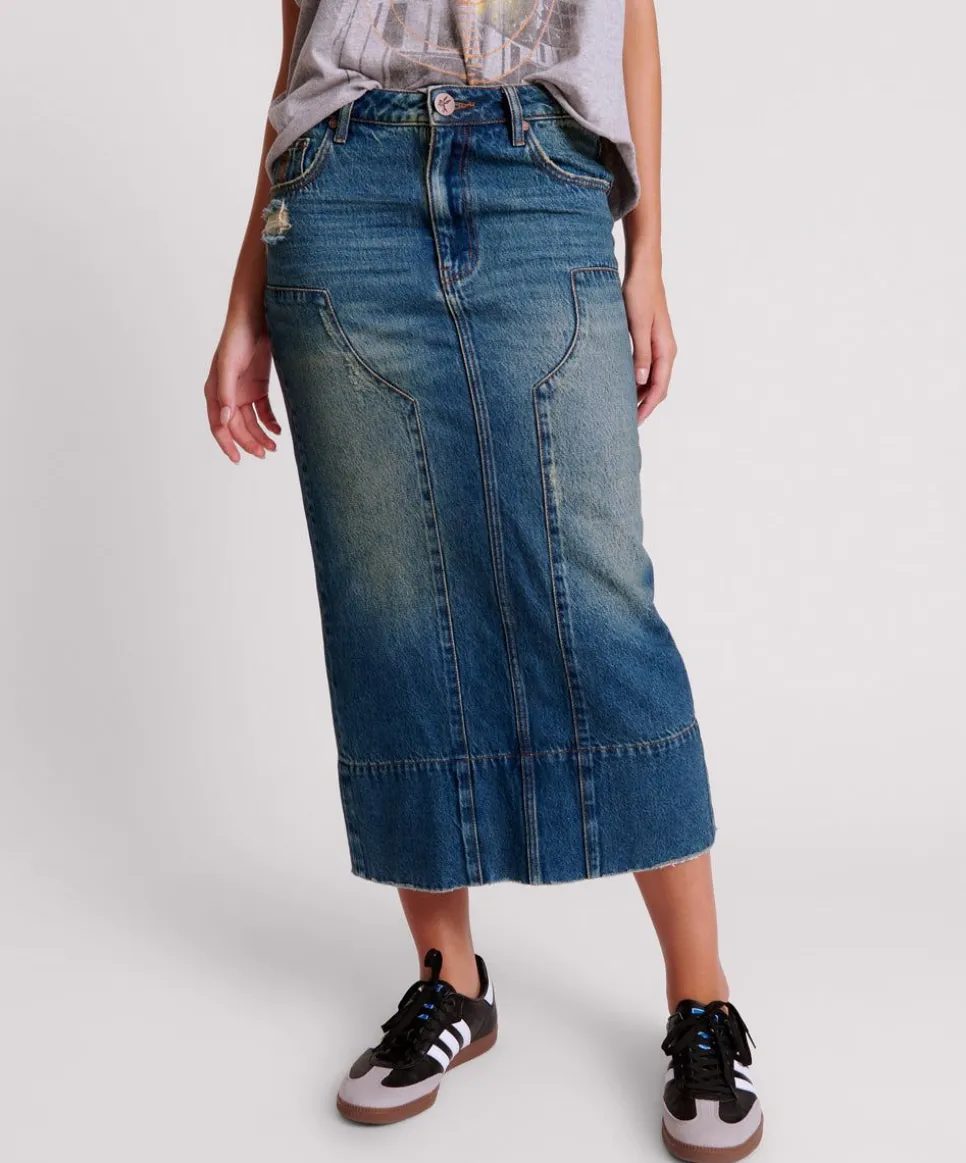Denim Skirts|ONE TEASPOON Gritty Blue Cassidy Column Mid Length Denim Skirt