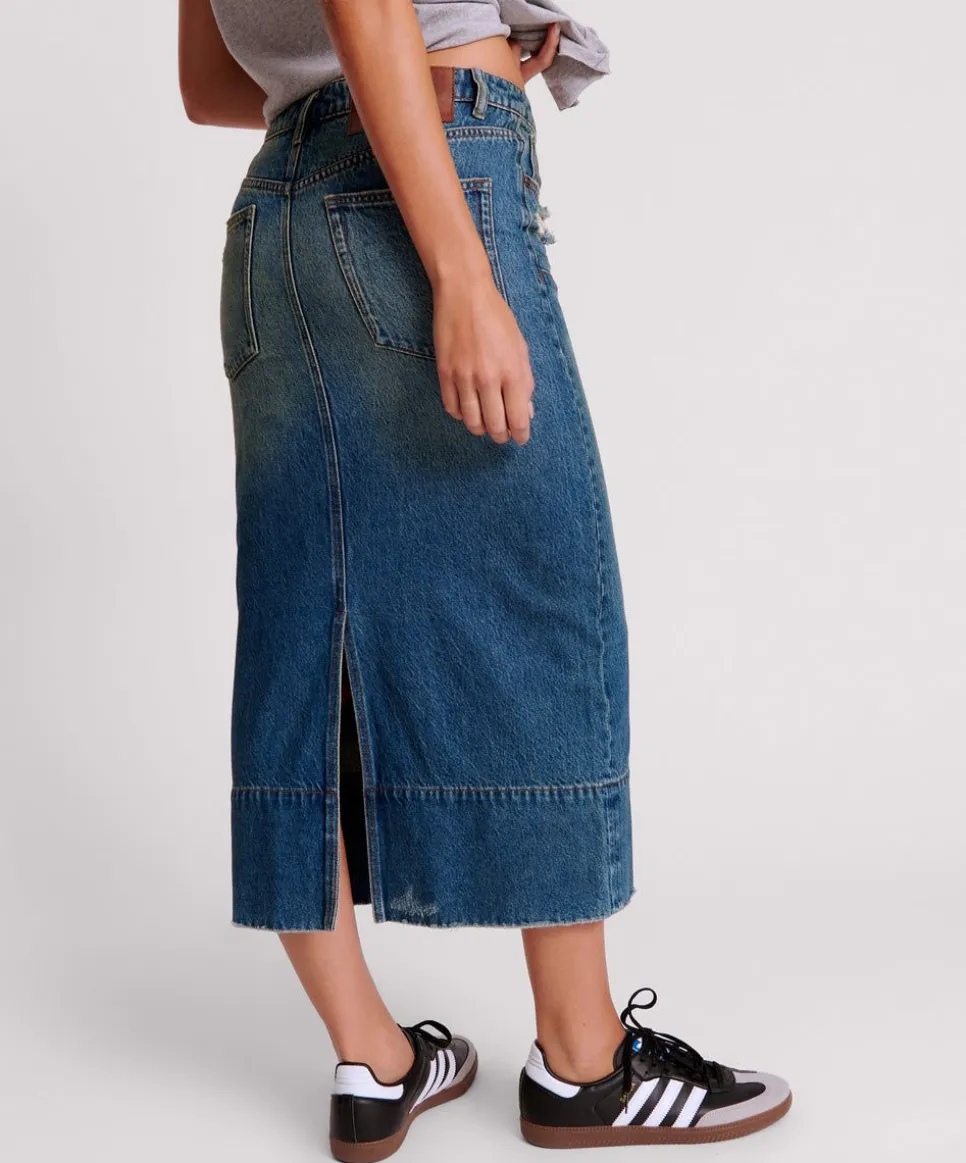 Denim Skirts|ONE TEASPOON Gritty Blue Cassidy Column Mid Length Denim Skirt