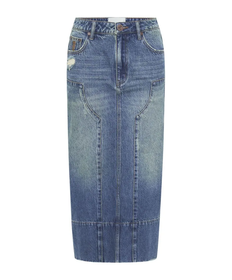 Denim Skirts|ONE TEASPOON Gritty Blue Cassidy Column Mid Length Denim Skirt