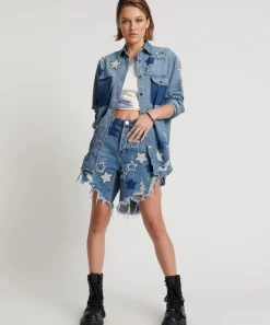 Denim Shorts|ONE TEASPOON Johnny Blue Star High Waist Frankies Long Length Denim Shorts