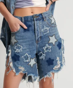 Denim Shorts|ONE TEASPOON Johnny Blue Star High Waist Frankies Long Length Denim Shorts