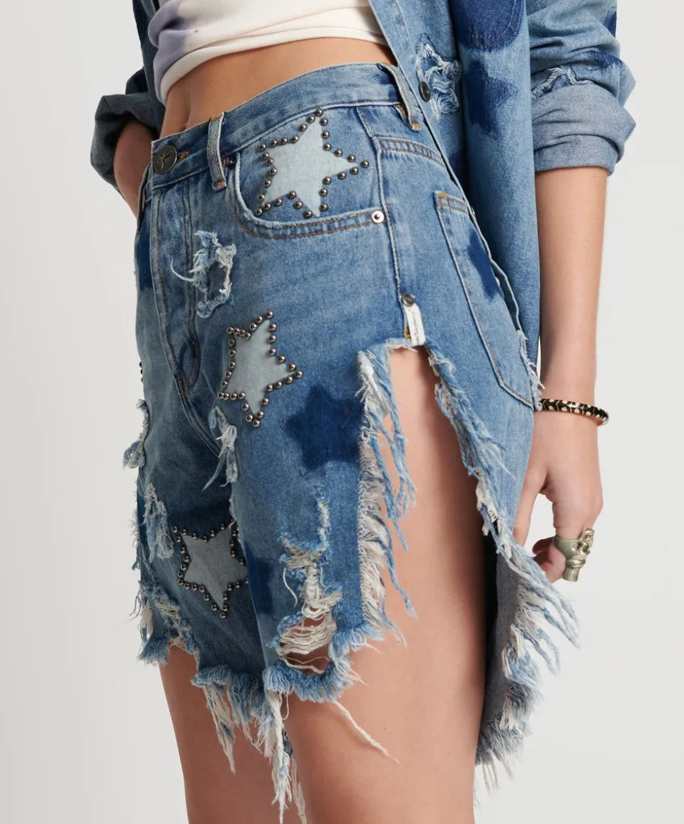 Denim Shorts|ONE TEASPOON Johnny Blue Star High Waist Frankies Long Length Denim Shorts