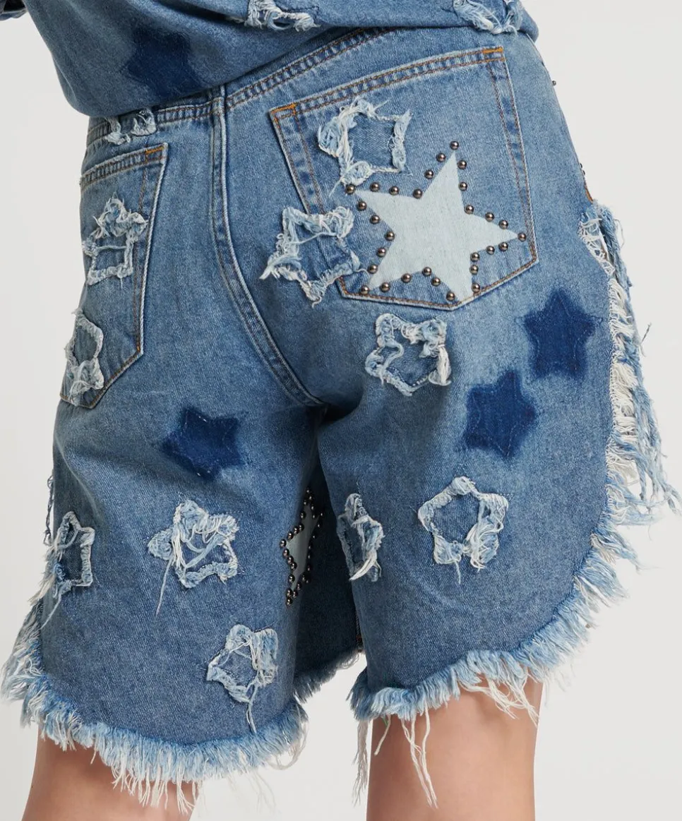 Denim Shorts|ONE TEASPOON Johnny Blue Star High Waist Frankies Long Length Denim Shorts