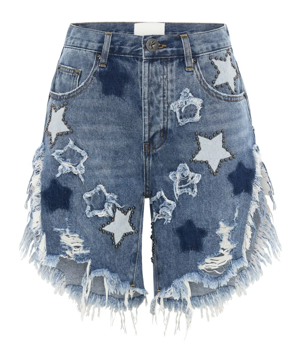 Denim Shorts|ONE TEASPOON Johnny Blue Star High Waist Frankies Long Length Denim Shorts