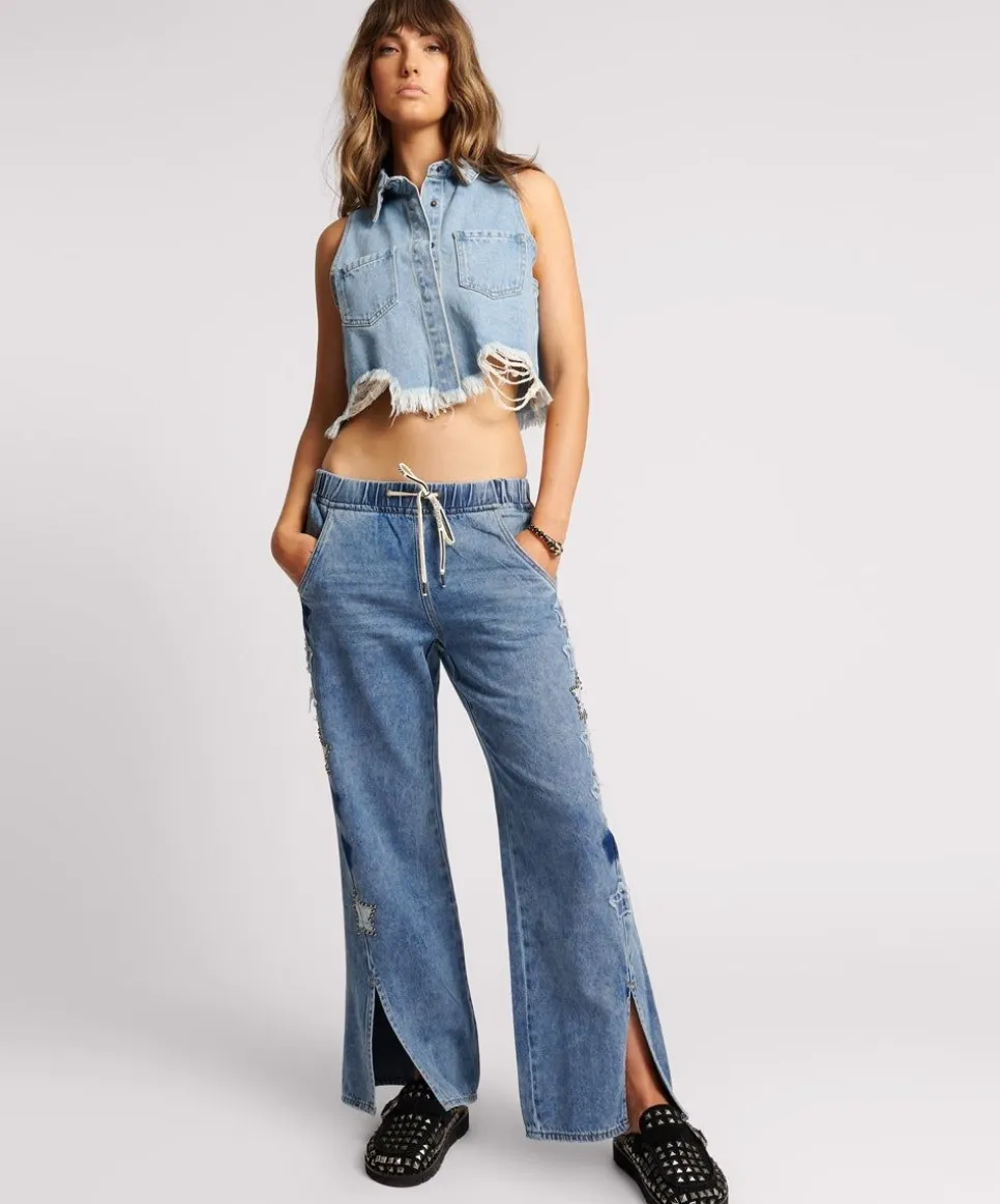 Denim Jeans|ONE TEASPOON Johnny Blue Star Roadhouse Wide Leg Drawstring Jeans