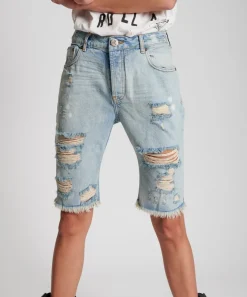 Denim Shorts|ONE TEASPOON Kansas Cut Off Truckers Mid Waist Long Length Shorts