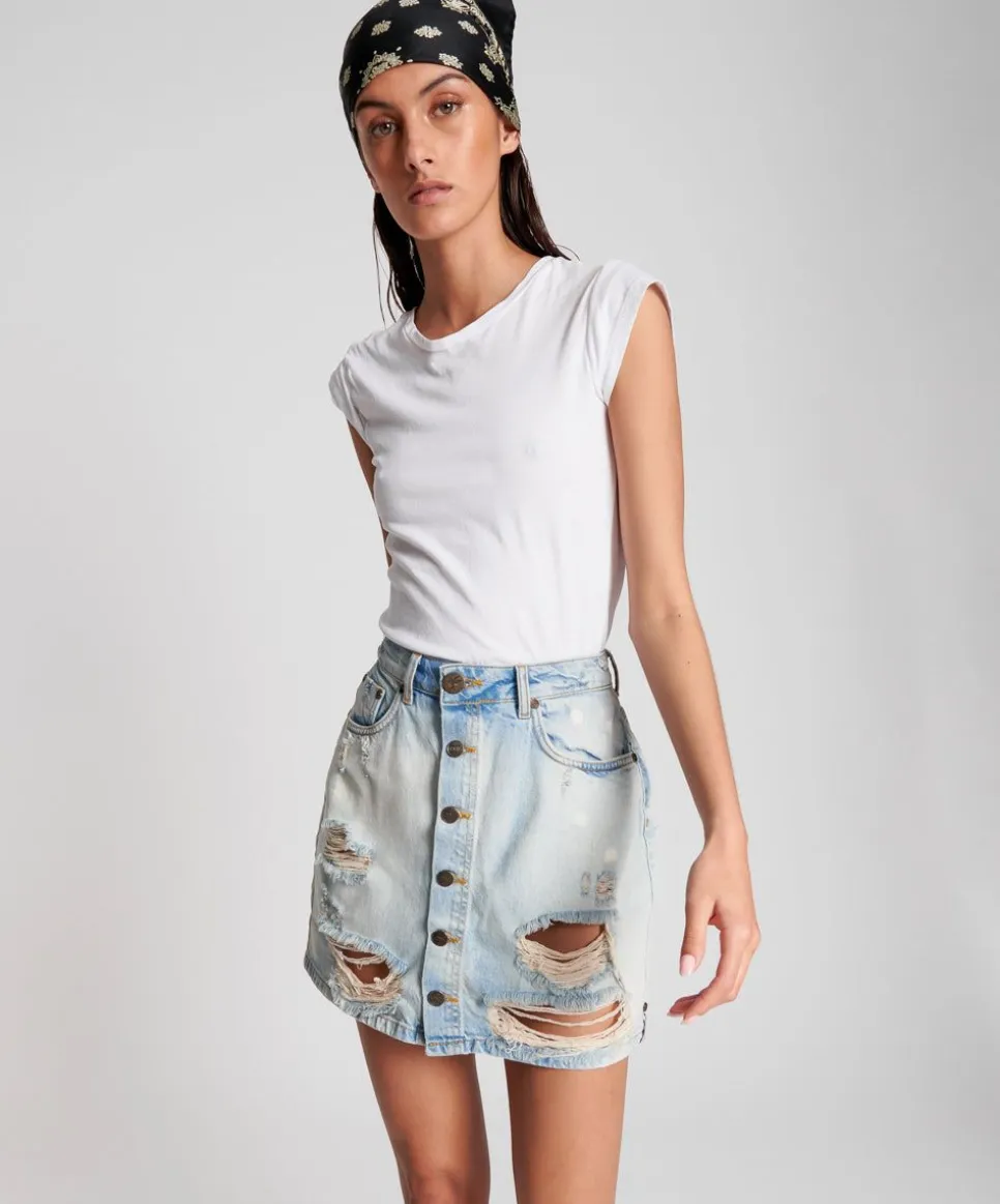 Denim Skirts|ONE TEASPOON Kansas Viper High Waist Button Through Mini Skirt