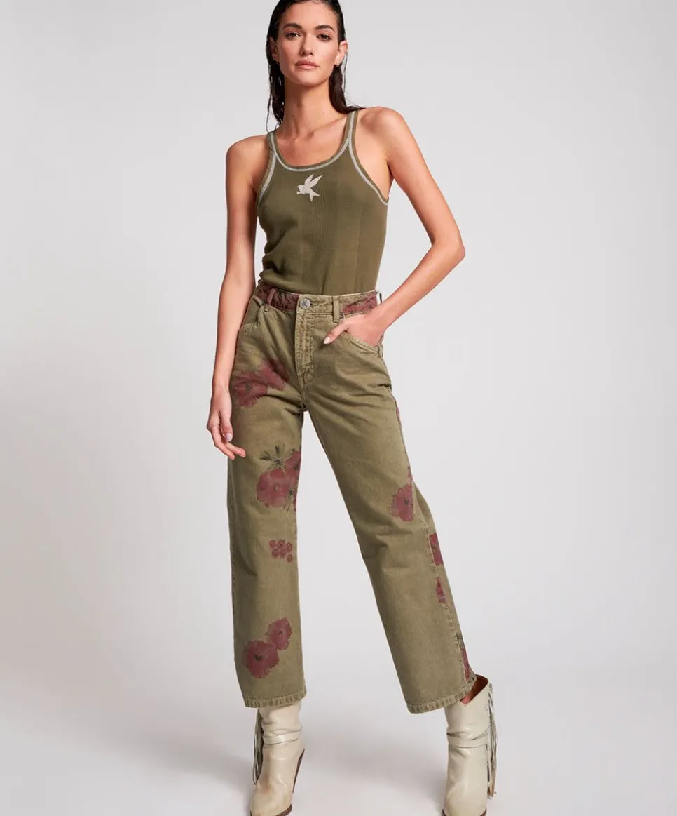 Denim Jeans|ONE TEASPOON Khaki Hibiscus Libertines High Waist Cropped Jeans